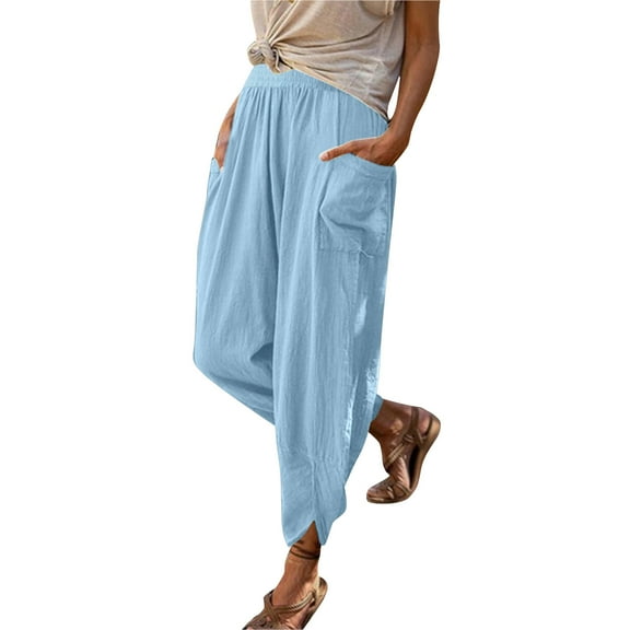 Womens Cotton Fashion Long Pant Elastic Waist High Waist Casual Trousers Streetwear Female Bottoms Light Blue L