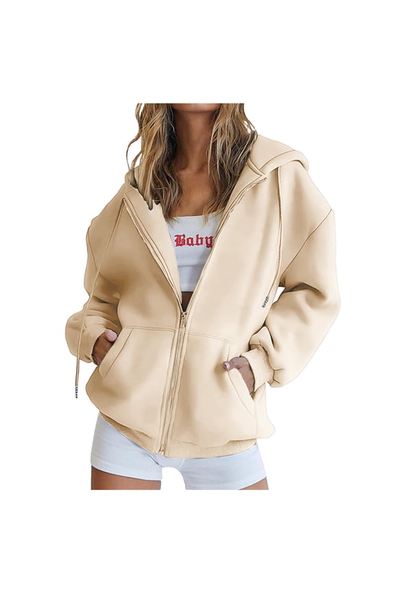 Womens Cotton Full-zip Hoodie Jacket with Pockets Fleece Lined Comfy Loose Hooded Plain Sweatshirt Outwear Coat (Medium, Beige)