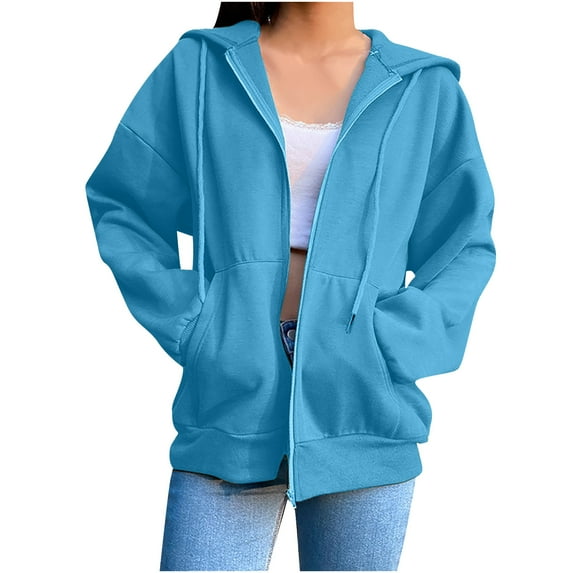 Womens Cotton Full-zip Hoodie Jacket with Pockets Fleece Lined Comfy Loose Hooded Plain Sweatshirt Outwear Coat (Medium, Sky Blue)