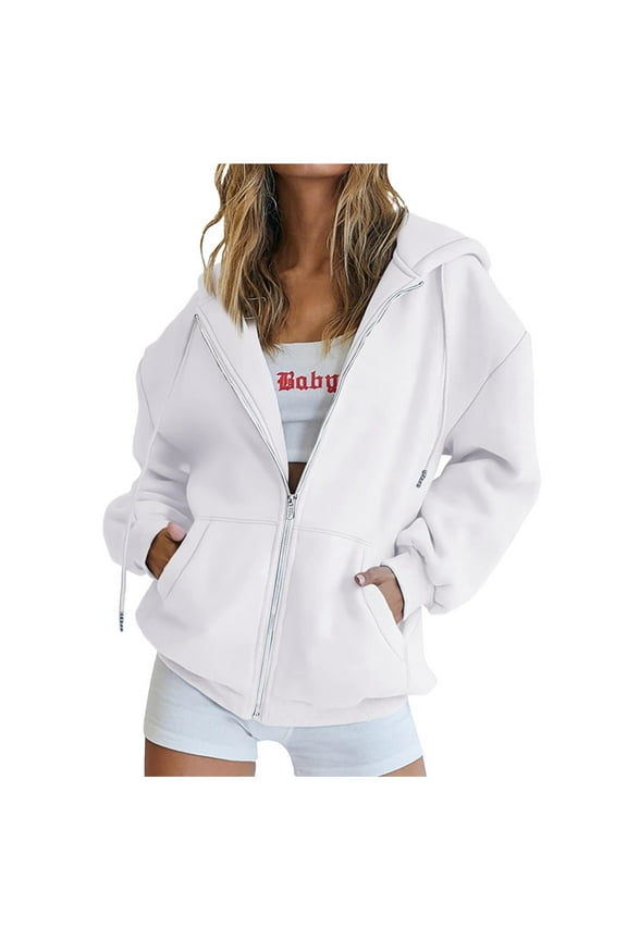 Womens Cotton Full-zip Hoodie Jacket with Pockets Fleece Lined Comfy Loose Hooded Plain Sweatshirt Outwear Coat (X-Large, White 01)