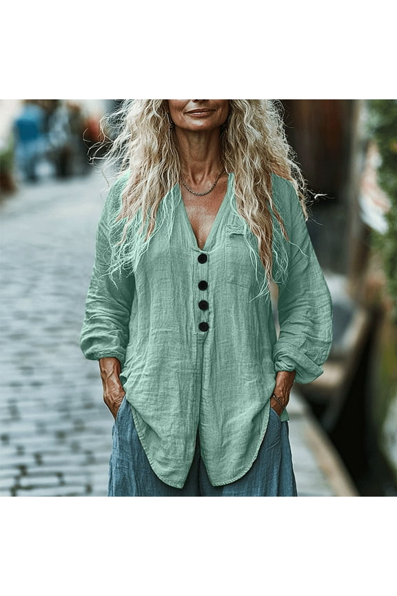 Womens Cotton Gauze Long Sleeve Button Down Linen Shirts Summer Casual V Neck Blouse Loose Beach Vacation Tunic Top