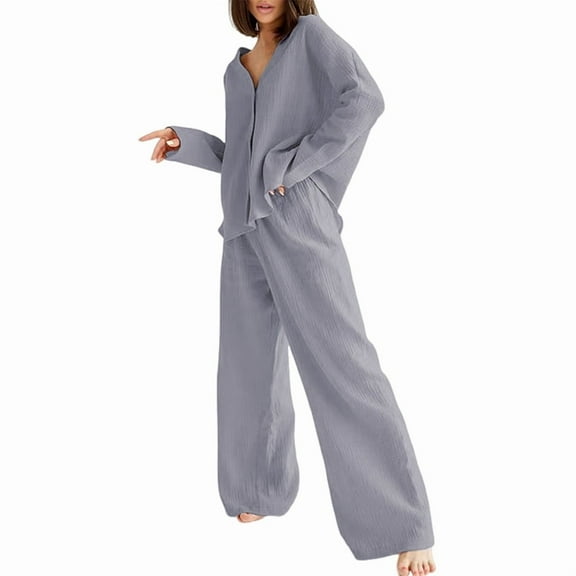 Womens Cotton Gauze Loungewear Sets Casual Button Down V-Neck Long Sleeves Shirt and Wide Leg Pants Outfits Gray L