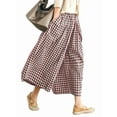 thumbnail image 1 of Womens Cotton Gingham Plaid Culottes Summer Elastic Waist Palazzo Trousers Bottoms with Pockets Coffee Color M, 1 of 6