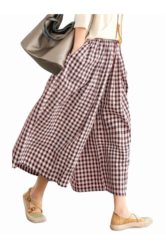 Womens Cotton Gingham Plaid Culottes Summer Elastic Waist Palazzo Trousers Bottoms with Pockets Coffee Color XXL