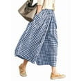 thumbnail image 1 of Womens Cotton Gingham Plaid Culottes Summer Elastic Waist Palazzo Trousers Bottoms with Pockets Navy Blue L, 1 of 6