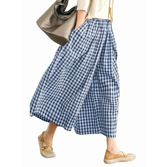 Womens Cotton Gingham Plaid Culottes Summer Elastic Waist Palazzo Trousers Bottoms with Pockets Navy Blue L