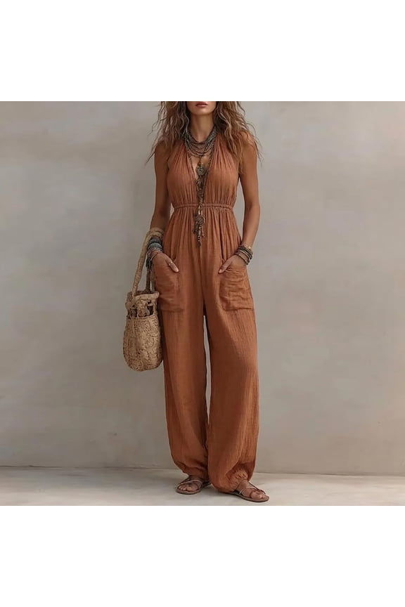 Womens Cotton Halter Jumpsuit Loose Fit Summer Casual Wide Leg Harem Pants Romper for Beach Vacation with Pockets,Brown,L