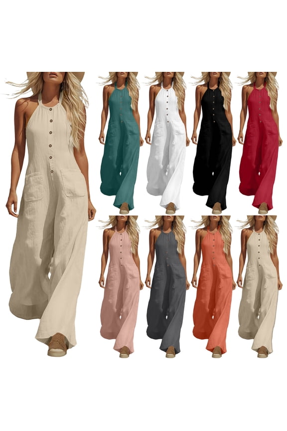 Womens Cotton Halter Jumpsuit Wide Leg Loose Fit Backless Button Down Rompers Lightweight One Piece Casual Summer Beach Vacation Overalls,Black,L