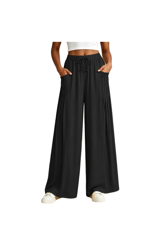 Womens Cotton High Waisted Gaucho Pants Drawstring Pleated Design Palazzo Trousers with Pockets Casual Vacation Beach Pants Black