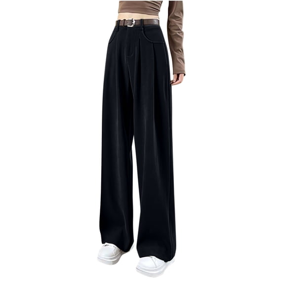 Womens Cotton High Waisted Wide Leg Pants Button Closure Belt Loops Trousers with Pockets Dressy Casual Office Work Pants Black