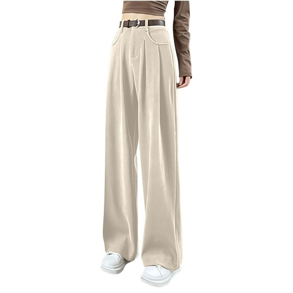 Womens Cotton High Waisted Wide Leg Pants Button Closure Belt Loops Trousers with Pockets Dressy Casual Office Work Pants Khaki