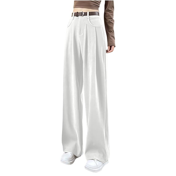Womens Cotton High Waisted Wide Leg Pants Button Closure Belt Loops Trousers with Pockets Dressy Casual Office Work Pants White