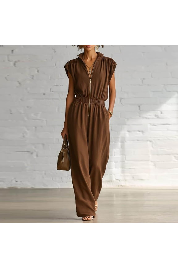 Womens Cotton Jumpsuits Summer Casual Collared V Neck Short Sleeve Rompers High Waisted Wide Leg Pants with Pockets,Coffee,L