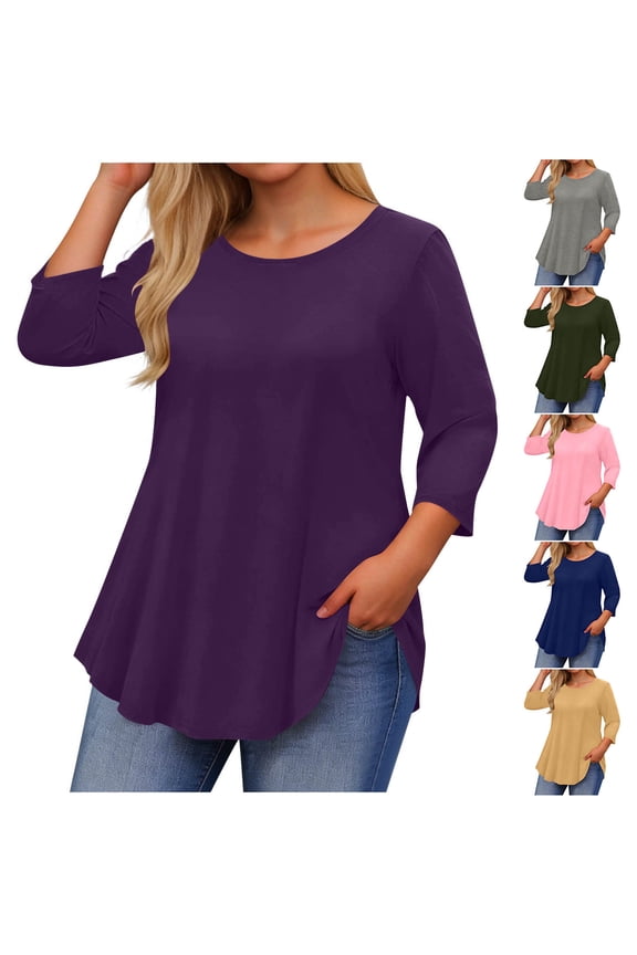 Womens Cotton Knit Tops for Spring 2026 3/4 Sleeve Crew Neck Circle Tops - Smocked for Everyday Army Green XL
