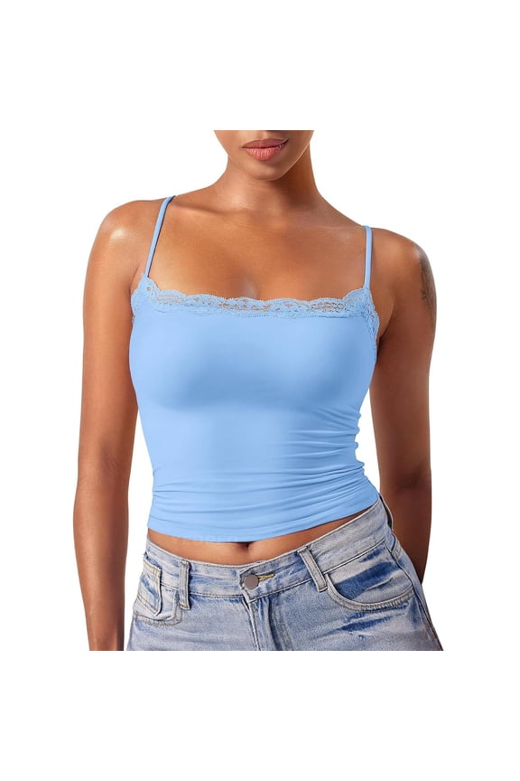 Womens Cotton Lace Camisole Soft Scoop Neck Cute Cami Top Adjustable Spaghetti Strap Going Out Tops Y2K Summer Slim Fit Trendy Lightweight Clothes 2026 Beach Vacation Outfits, Light Blue L