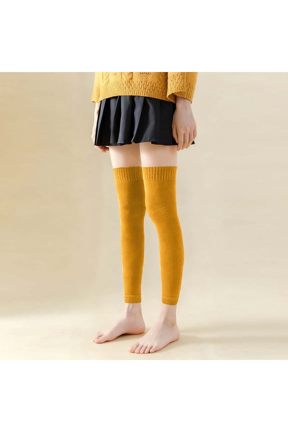 Womens Cotton Leg Warmers Thigh High Mustard Yellow, Over The Knee Ribbed Slouchy Socks, One Size Knit Lounge Socks,Size Free Size