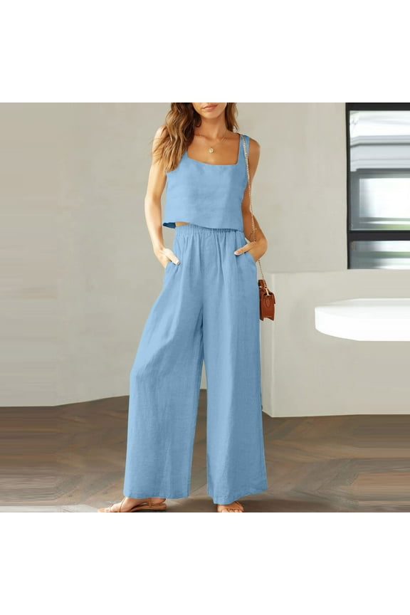 Womens Cotton Linen 2 Piece Outfits Crop Tank Tops Wide Leg Pants Set Casual Lounge Sets
