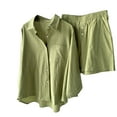 thumbnail image 1 of Womens Cotton Linen 2 Piece Outfits Long Sleeve V Neck Button Down Shirts Loose Shorts/Long Pants Comfy Lounge Sets, 1 of 6