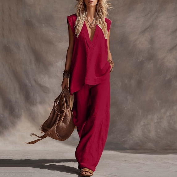 Womens Cotton Linen 2 Piece Outfits Summer Casual V Neck Sleeveless Tops Wide Leg Long Pants Casual Set with Pockets