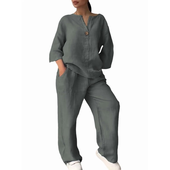 Womens Cotton Linen 2 Piece Sets V Neck Button Down Long Sleeve Shirt Wide Leg Trouser Sets with Pockets Army Green XL