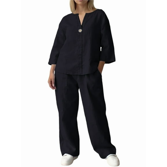 Womens Cotton Linen 2 Piece Sets V Neck Button Down Long Sleeve Shirt Wide Leg Trouser Sets with Pockets Black M