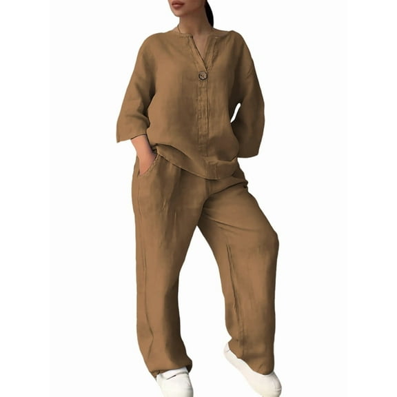 Womens Cotton Linen 2 Piece Sets V Neck Button Down Long Sleeve Shirt Wide Leg Trouser Sets with Pockets Khaki XL