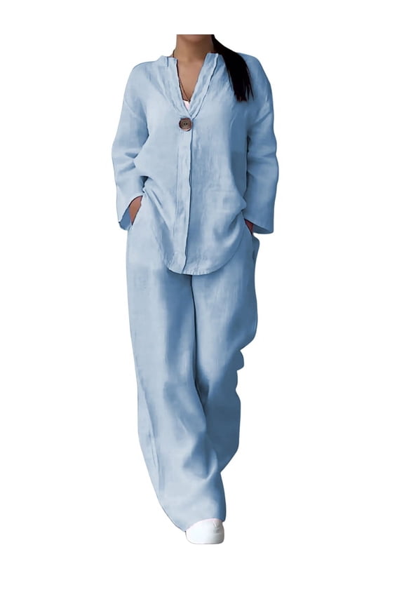 Womens Cotton Linen 2 Piece Sets V Neck Button Down Long Sleeve Shirt Wide Leg Trouser Sets with Pockets Light Blue XXL