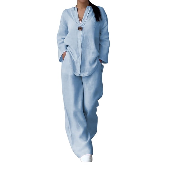 Womens Cotton Linen 2 Piece Sets V Neck Button Down Long Sleeve Shirt Wide Leg Trouser Sets with Pockets Light Blue XXXL