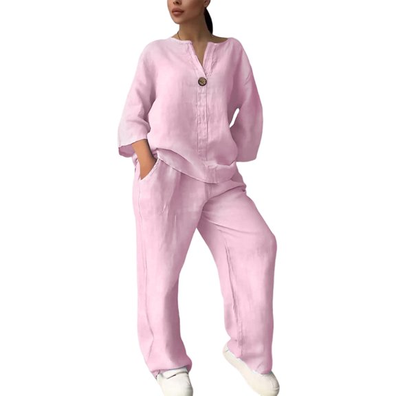 Womens Cotton Linen 2 Piece Sets V Neck Button Down Long Sleeve Shirt Wide Leg Trouser Sets with Pockets Pink M
