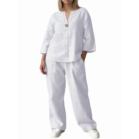 Womens Cotton Linen 2 Piece Sets V Neck Button Down Long Sleeve Shirt Wide Leg Trouser Sets with Pockets White XL