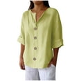 thumbnail image 1 of Womens Cotton Linen 3/4 Sleeve Shirts V Neck Button Down T-Shirt Fashion Casual Loose Solid Color Tops for Beach Vacation Summer, 1 of 5