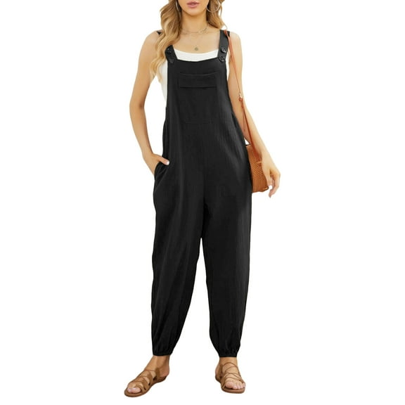 Womens Cotton Linen Adjustable Bib Overalls Summer Casual Baggy Long Pants Jumpsuits with Pockets