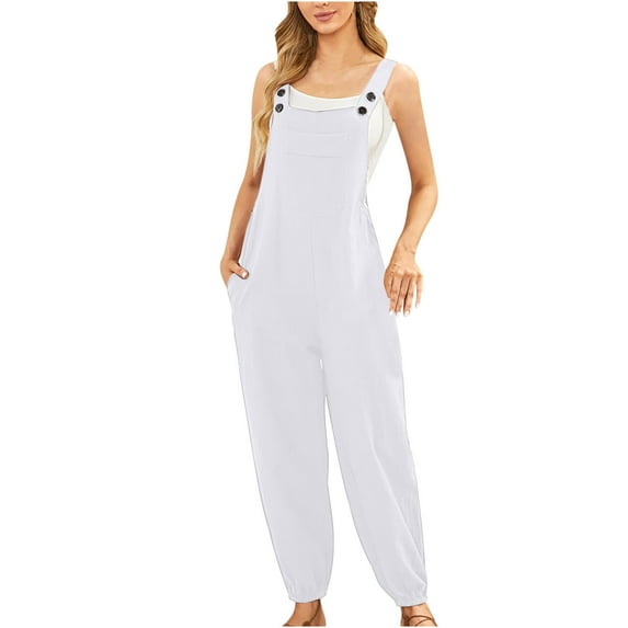Womens Cotton Linen Adjustable Bib Overalls Summer Casual Baggy Long Pants Jumpsuits with Pockets