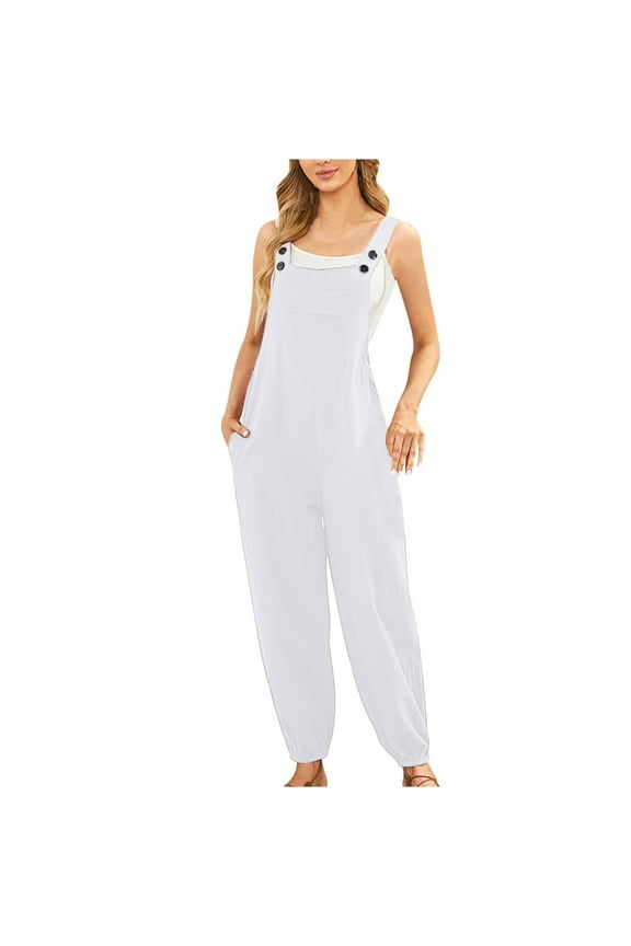 Womens Cotton Linen Adjustable Bib Overalls Summer Casual Baggy Long Pants Jumpsuits with Pockets