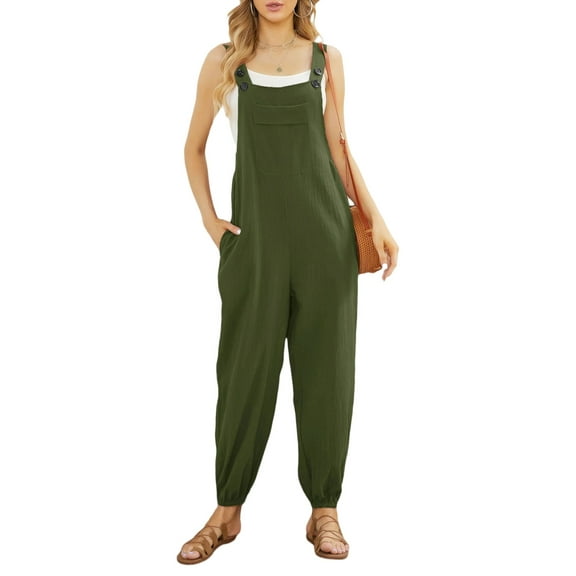 Womens Cotton Linen Adjustable Bib Overalls Summer Casual Baggy Long Pants Jumpsuits with Pockets