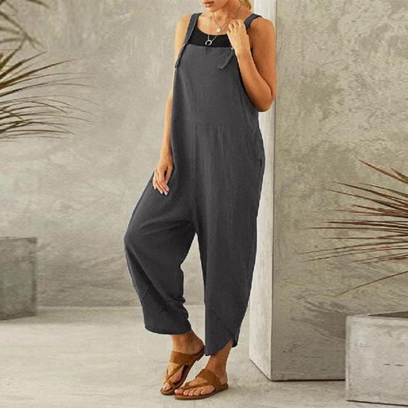 Womens Cotton Linen Adjustable Casual Summer Bib Overalls Jumpsuits with Pockets Gray 4XL