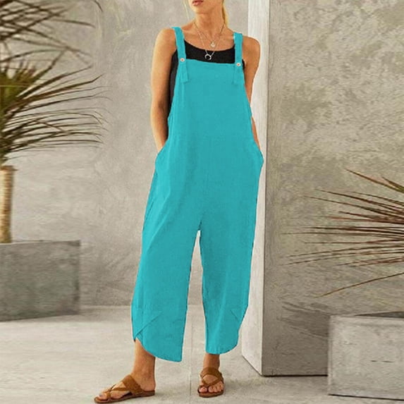 Womens Cotton Linen Adjustable Casual Summer Bib Overalls Jumpsuits with Pockets Green 3XL