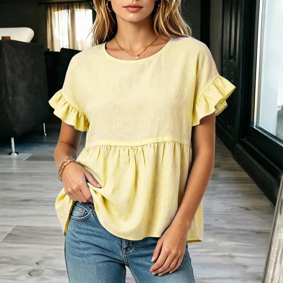 Womens Cotton Linen Babydoll Tops Cute Ruffle Short Sleeve Blouses Casual Round Neck Shirts Summer Trendy Outfit Yellow M