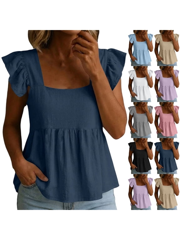 Womens Cotton Linen Babydoll Tops Square Neck Flutter Sleeve Cute Shirt Summer Fashion Ruffle Peplum Blouse, M
