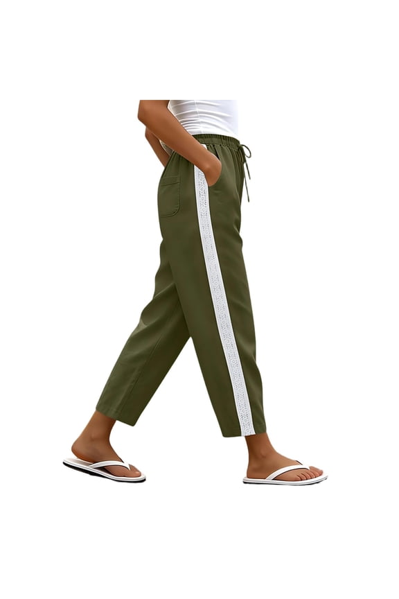 Womens Cotton Linen Baggy Track Pants Lace Side Stripe Drawstring Elastic Waist Wide Leg Parachute Pants with Pockets Army Green L(L)