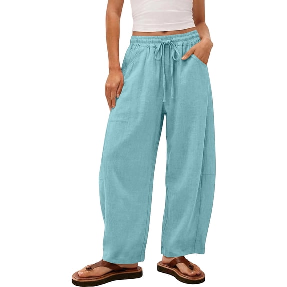 Womens Cotton Linen Barrel Sweatpants Casual Drawstring Elastic Waist Flowy Pants Mint Green XL