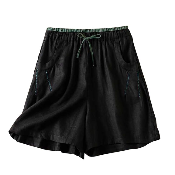 Womens Cotton Linen Bermuda Shorts Casual Summer Loose Drawstring Elastic Waist Lounge Cargo Shorts with Pockets (L, Black)