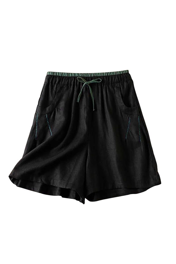 Womens Cotton Linen Bermuda Shorts Casual Summer Loose Drawstring Elastic Waist Lounge Cargo Shorts with Pockets (M, Black)