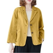 Womens Cotton Linen Blazer Jackets Lightweight Button Lapel V Neck Long Sleeve Solid Fall Casual Outwear