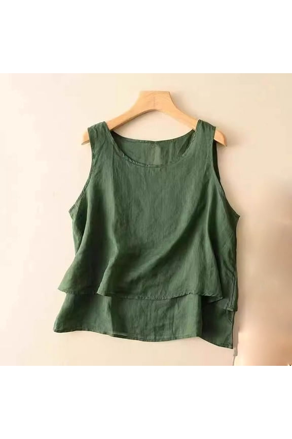 Womens Cotton Linen Blend Tank Top Loose Fit Flowy Plus Size Sleeveless A-Line Layered Hem Round Neck Green,Size M