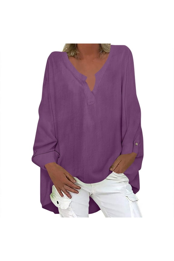 Womens Cotton Linen Blouse Fashion V-Neck Shirts Oversized Asymmetric Rolled Sleeve Button Pullover Tops Casual Gauze Beach Clothes 2025