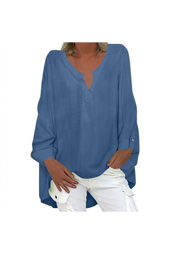Womens Cotton Linen Blouse Fashion V-Neck Shirts Oversized Asymmetric Rolled Sleeve Button Pullover Tops Casual Gauze Beach Clothes 2025