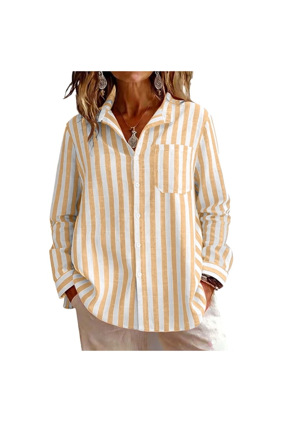 Womens Cotton Linen Blouses Tunics Top Open Front Long Sleeve Shirts Striped Loose Fitted Blouses With Pockets Boyfriend Streetwear 2026 Spring Tops