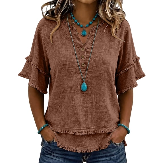 Womens Cotton Linen Boho Tops Summer Gauze Fringe Retro Shirts Short Sleeve V Neck Raw Hem Loose Beach Blouses, L