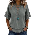 thumbnail image 1 of Womens Cotton Linen Boho Tops Summer Gauze Fringe Retro Shirts Short Sleeve V Neck Raw Hem Loose Beach Blouses, S, 1 of 5